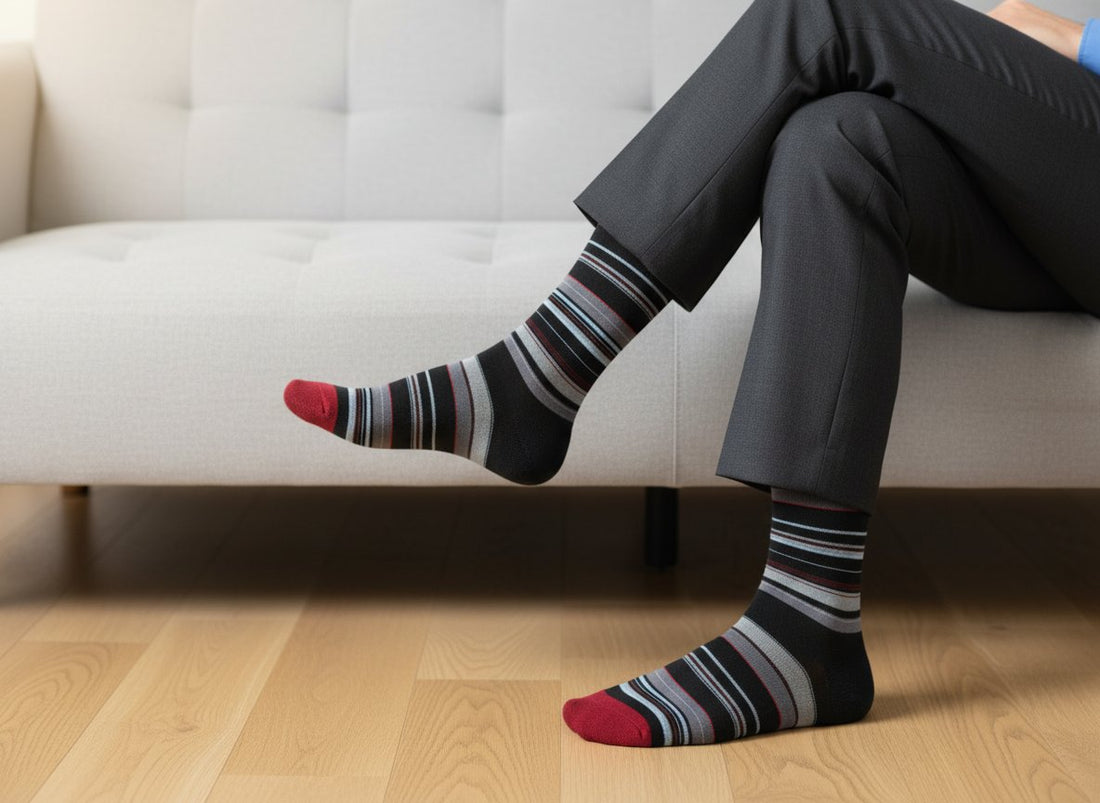Jett dress socks worn on feet while seated on a couch, showing the striped pattern in a lifestyle setting.