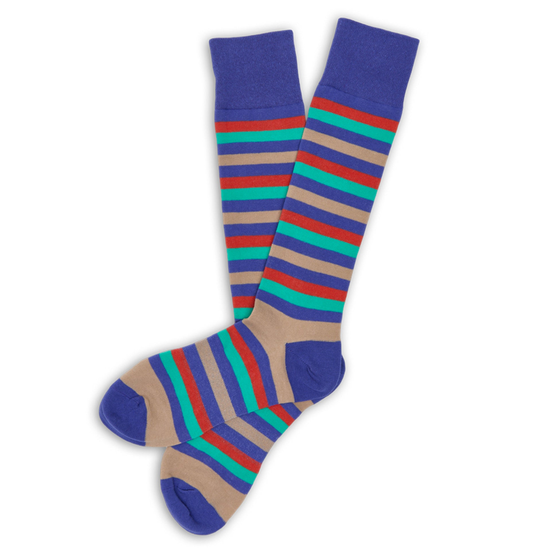 Pair of Jones colorful striped dress socks laid flat; royal blue, tan, red & green bands; TrueStay cuff; supreme cotton.