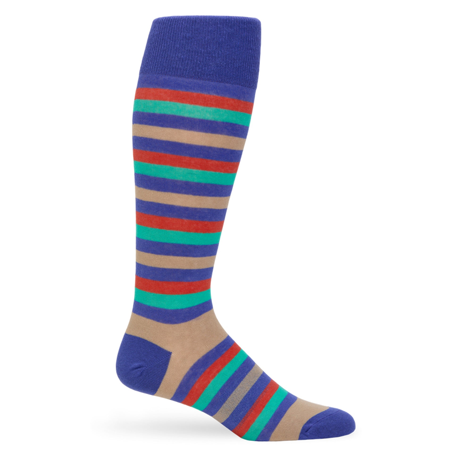 Jones bold striped men‚Äôs dress sock‚Äîroyal blue, tan, red & emerald lines; TrueStay‚Ñ¢ non-slip cuff; supreme cotton yarn.