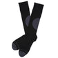 1 pair black dress socks with a large circle on the calf and 2 charcoal accent stripes around the toe laid out flat