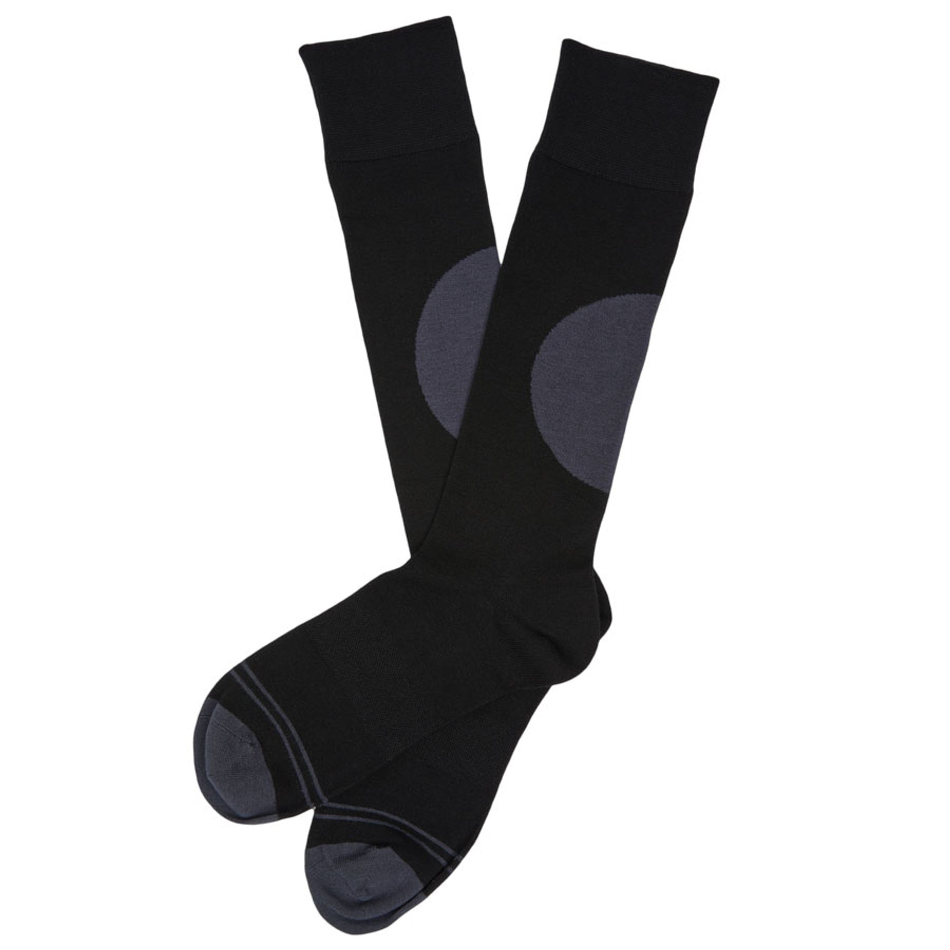 1 pair black dress socks with a large circle on the calf and 2 charcoal accent stripes around the toe laid out flat