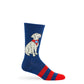 Juice Kiffin navy casual socks left and right different sock JUICE written on the inside of both legs and dog is on outside of both legs.
