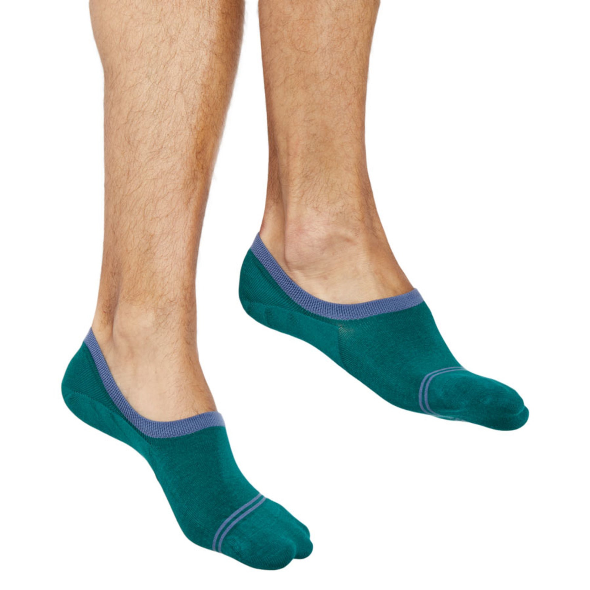 solid teal with a steel blue welt and double horizontal stripe over the toe no show socks worn by male model