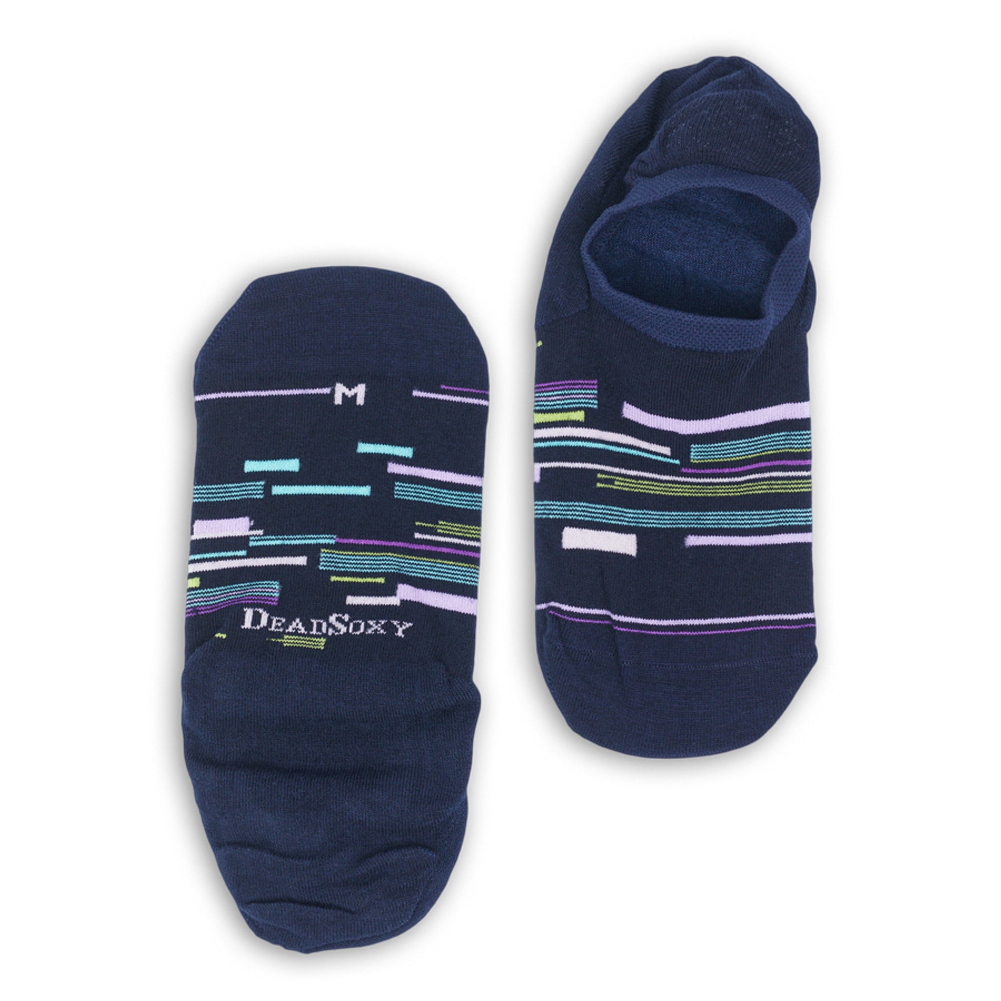 Navy no show liner socks with pink and purple stripes and patchwork designs laid out flat.