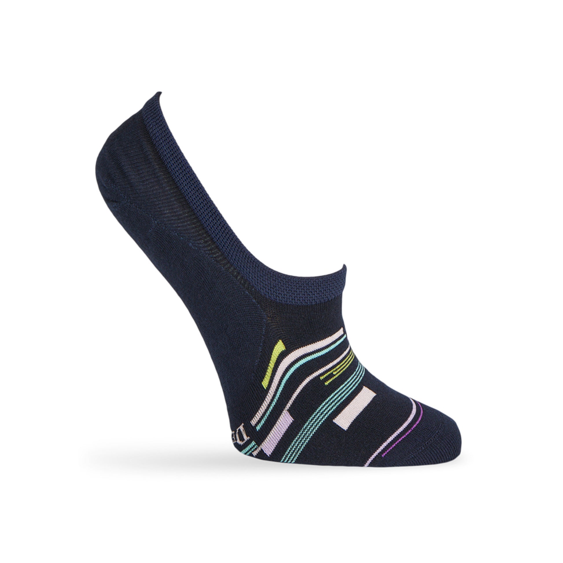 Navy no show liner socks with pink and purple stripes and patchwork designs for women