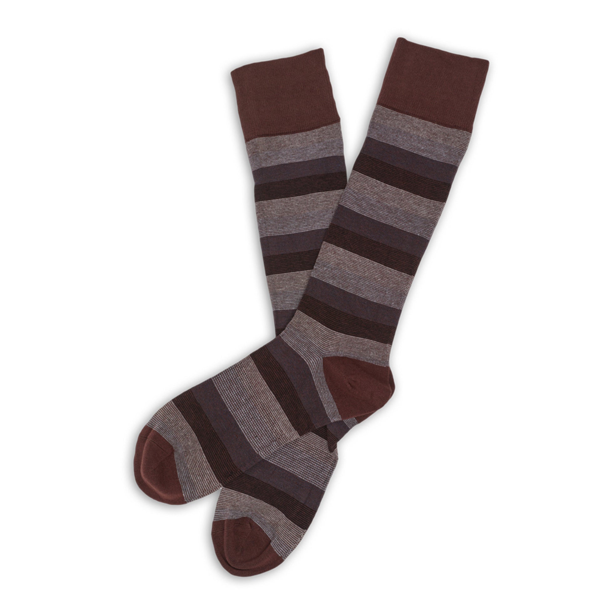 Brown and cream mini stripe colorblock dress socks shown laid flat.