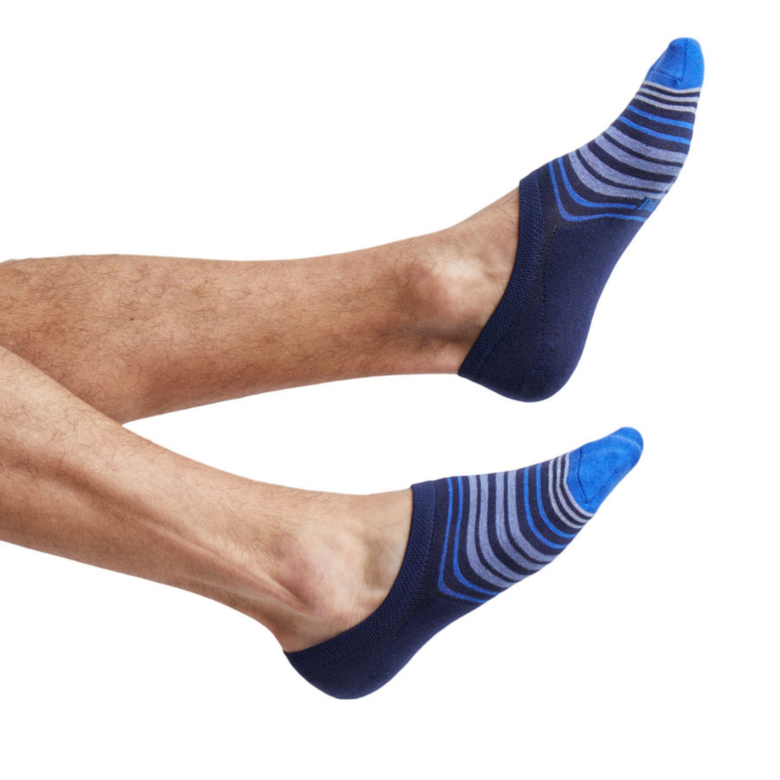 1 pair of navy blue and grey stripe no show socks shown on legs coming in from the left of the image