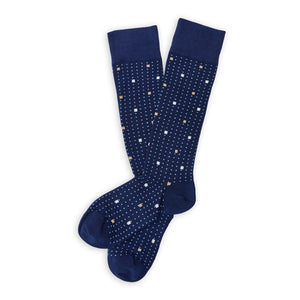 DeadSoxy Knox Cotton Dress Socks flat lay showing a navy base with small blue, cream and white square motifs