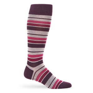 Maroon and navy striped dress sock displayed upright against a white background.