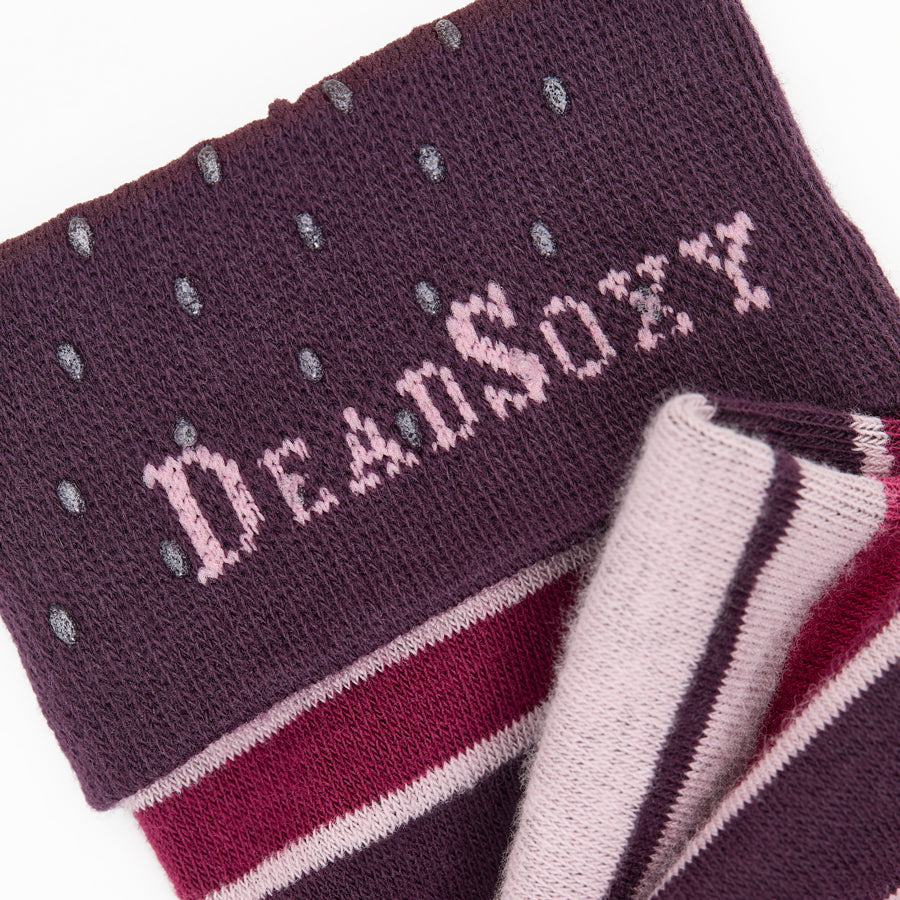 Leon dress sock laid flat showing full-length maroon and navy stripe pattern.