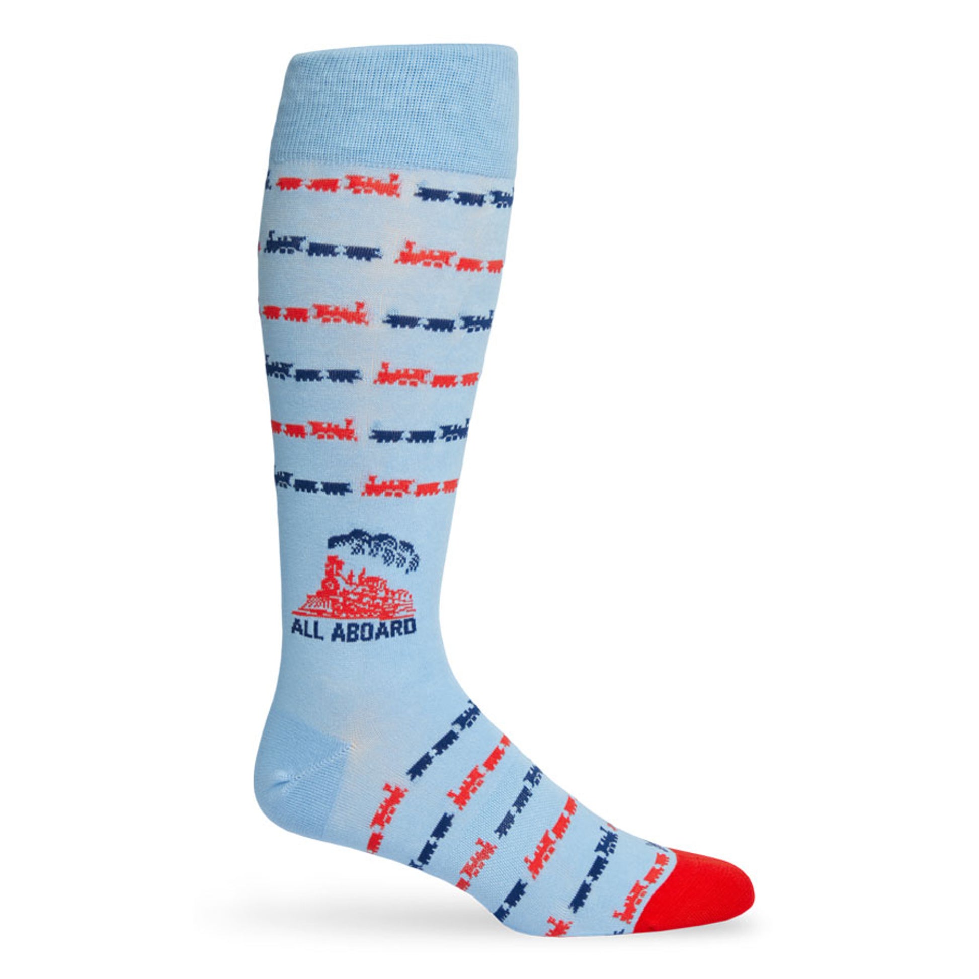 Powder Blue dress socks with trains and text saying ALL ABOARD the lane train shown on a mannequin