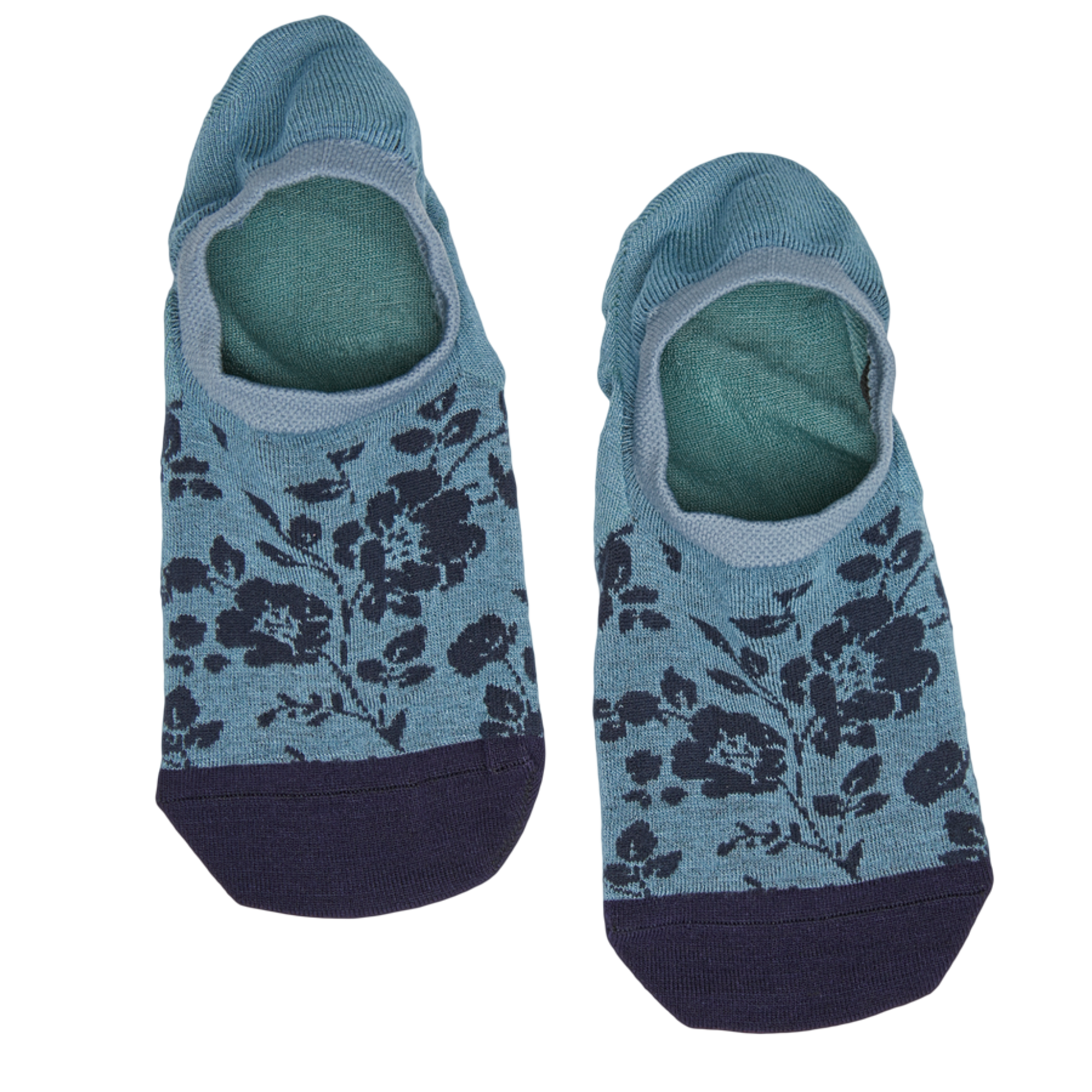1 pair of no show socks lay flat powder blue navy leaf design