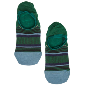 1 pair of no show socks lay flat green with navy and powder blue stripes webbed design