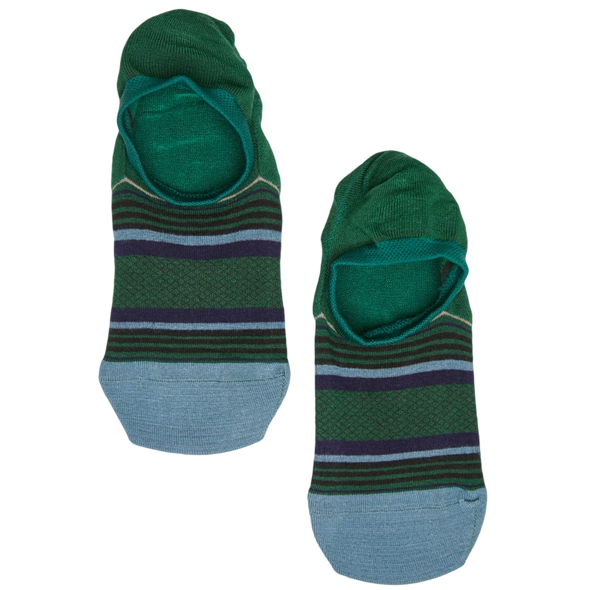 1 pair of green no show socks lay flat side by side horizontal stripe design blue black webbed black design powder blue toe