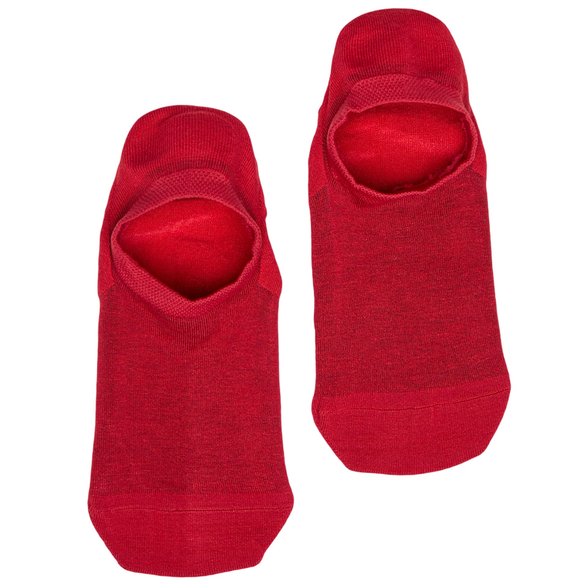 1 pair of no show socks lay flat side by side solid red darker red throughout the sock solid bright red in the heel and toe