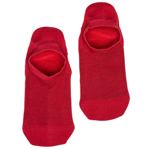 1 pair of no show socks lay flat side by side solid red darker red throughout the sock solid bright red in the heel and toe