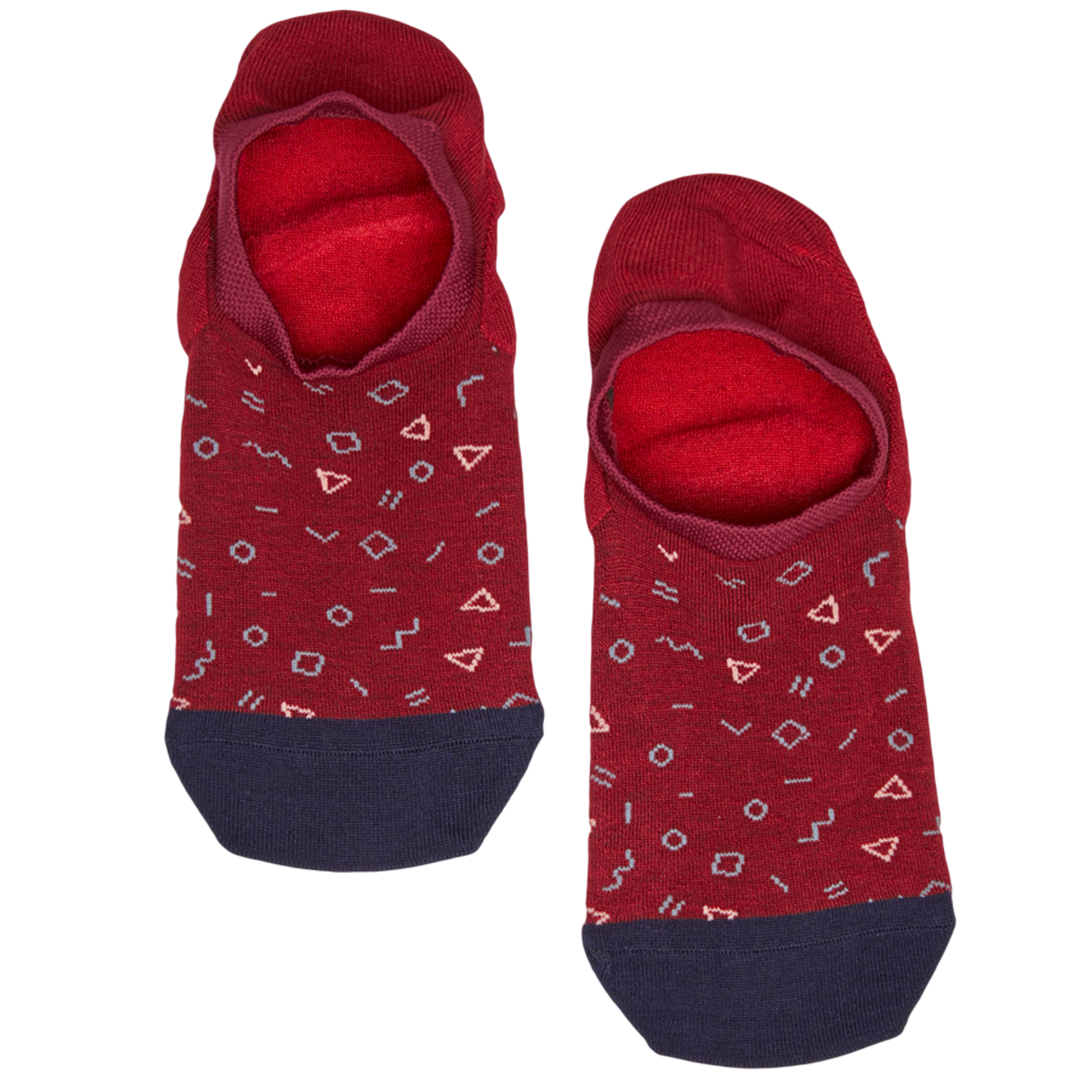 1 pair of no show socks lay flat side by side red navy toe pattern of squares triangles circles addition subtraction symbol