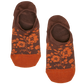 1 pair of no show socks lay flat side by side in solid brown with an orange toe and orange leaf design towards the front