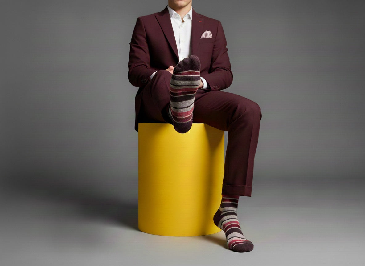 Leon dress socks worn on foot, highlighting the striped pattern and streamlined fit.
