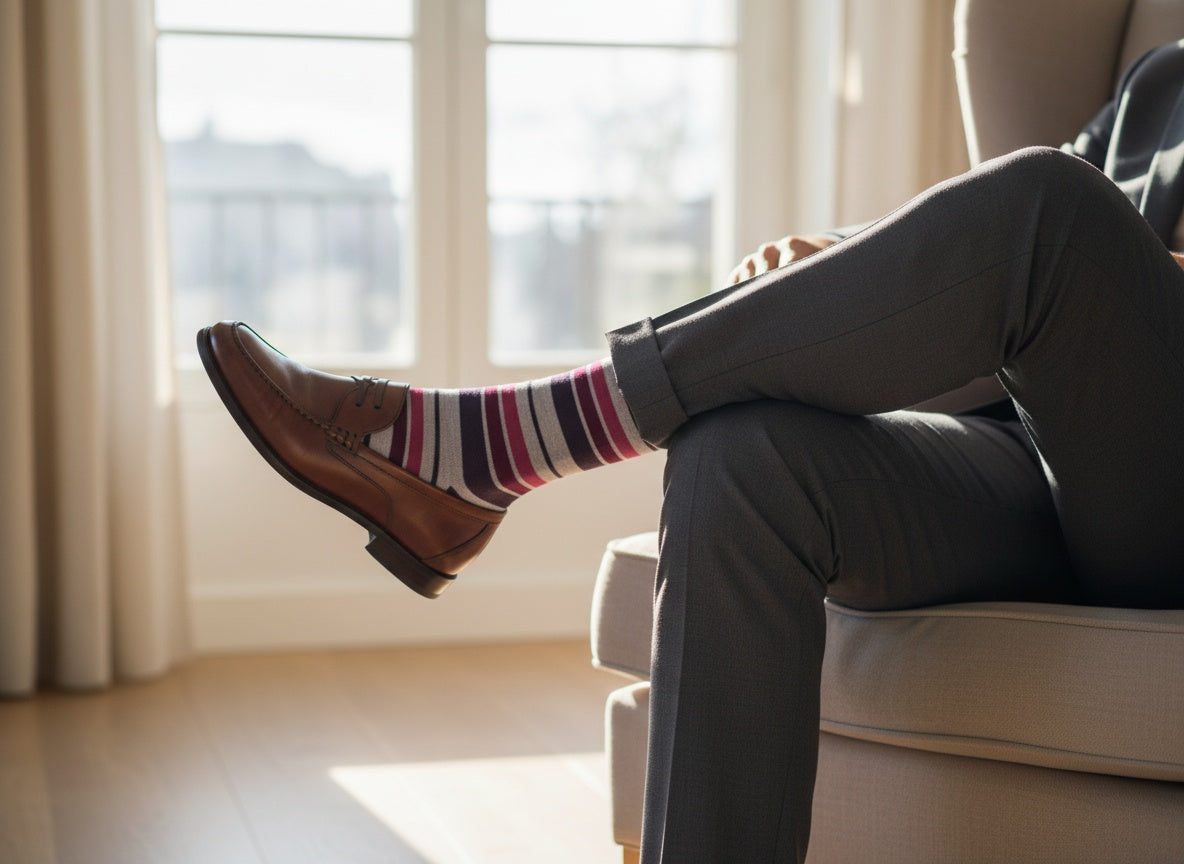 Leon dress socks worn with crossed legs, showing maroon and navy stripes in a lifestyle setting.
