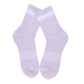 Lilac and white quarter crew socks laid flat displaying full length.