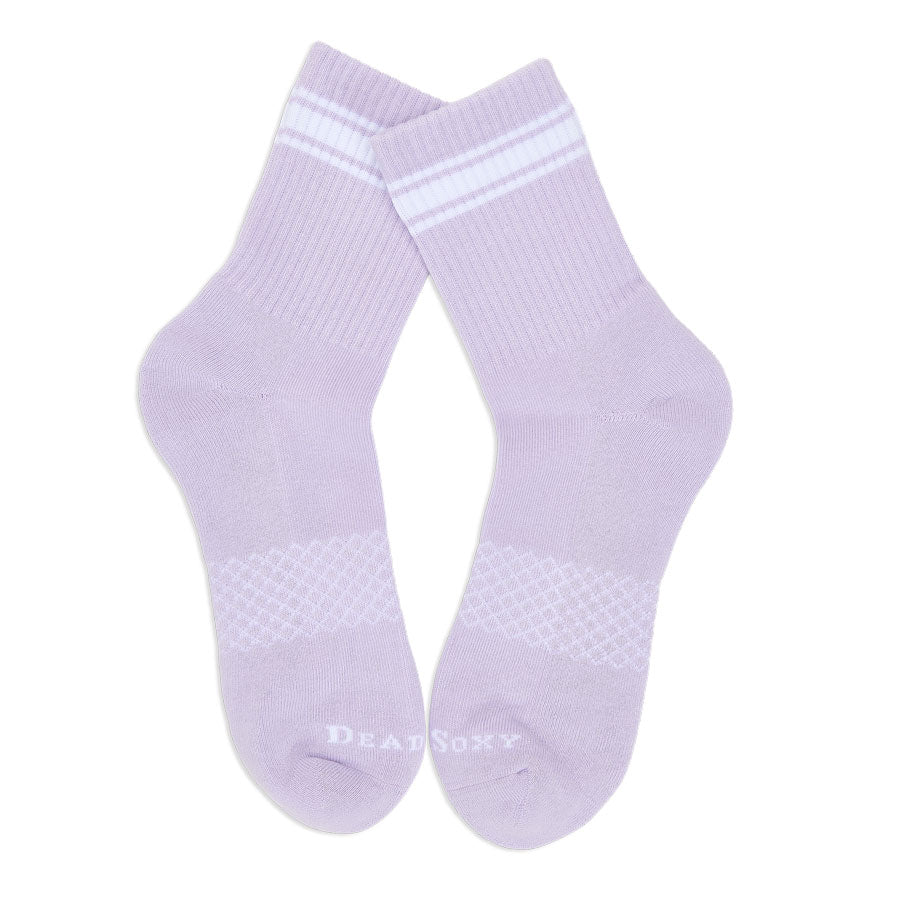 Lilac and white quarter crew socks laid flat displaying full length.