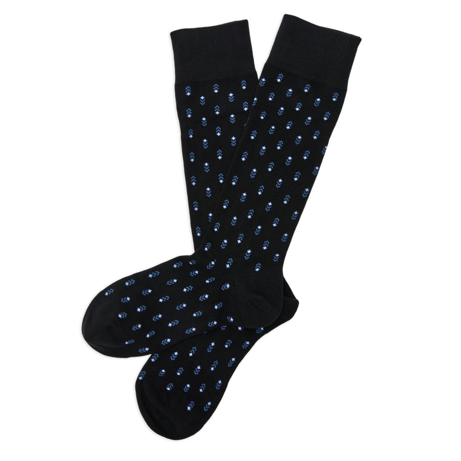 Lloyd dress socks flat lay showing full black and steel blue pattern