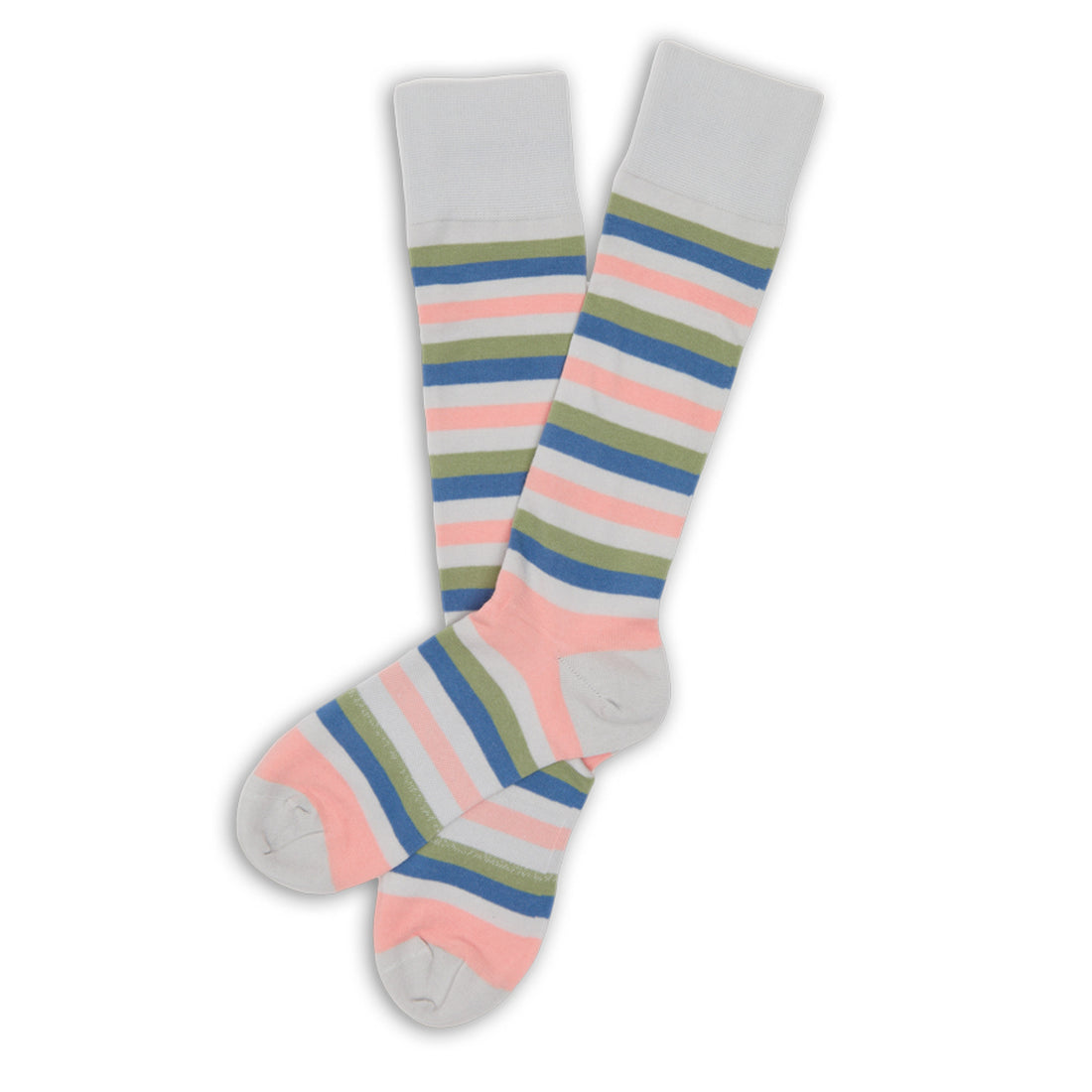 Pair of Louie pastel striped dress socks laid flat; peach, sage, blue & grey bands; TrueStay cuff; supreme cotton.