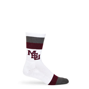 MSU Retro Stripe Casual socks worn, showing maroon and gray banding with the interlocking MSU logo on white