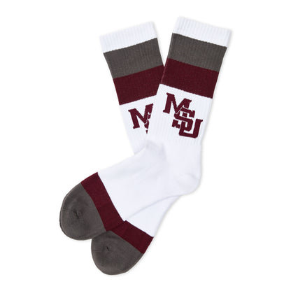 MSU Retro Stripe Casual socks laid flat, showing maroon and gray banding with the interlocking MSU logo on white