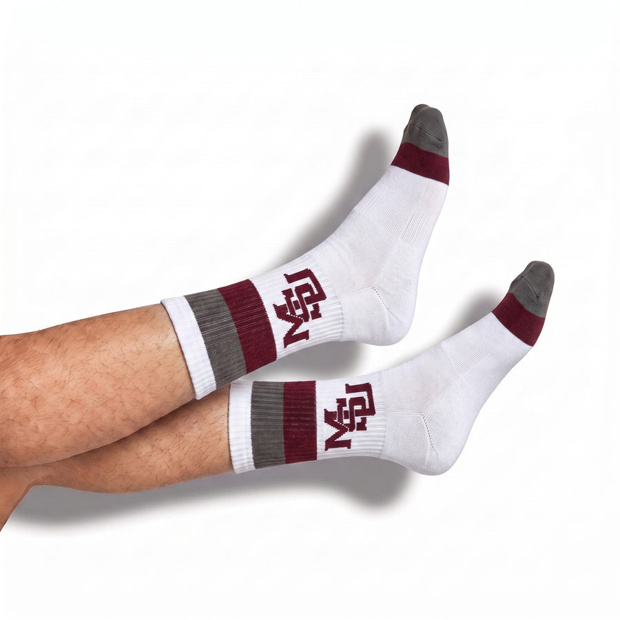 MSU Retro Stripe Casual socks styled product shot, showing maroon and gray banding with the interlocking MSU logo on white