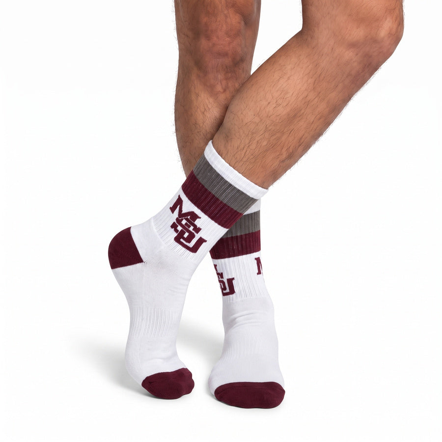 MSU Retro Stripe Casual socks styled second angle, showing maroon and gray banding with the interlocking MSU logo on white