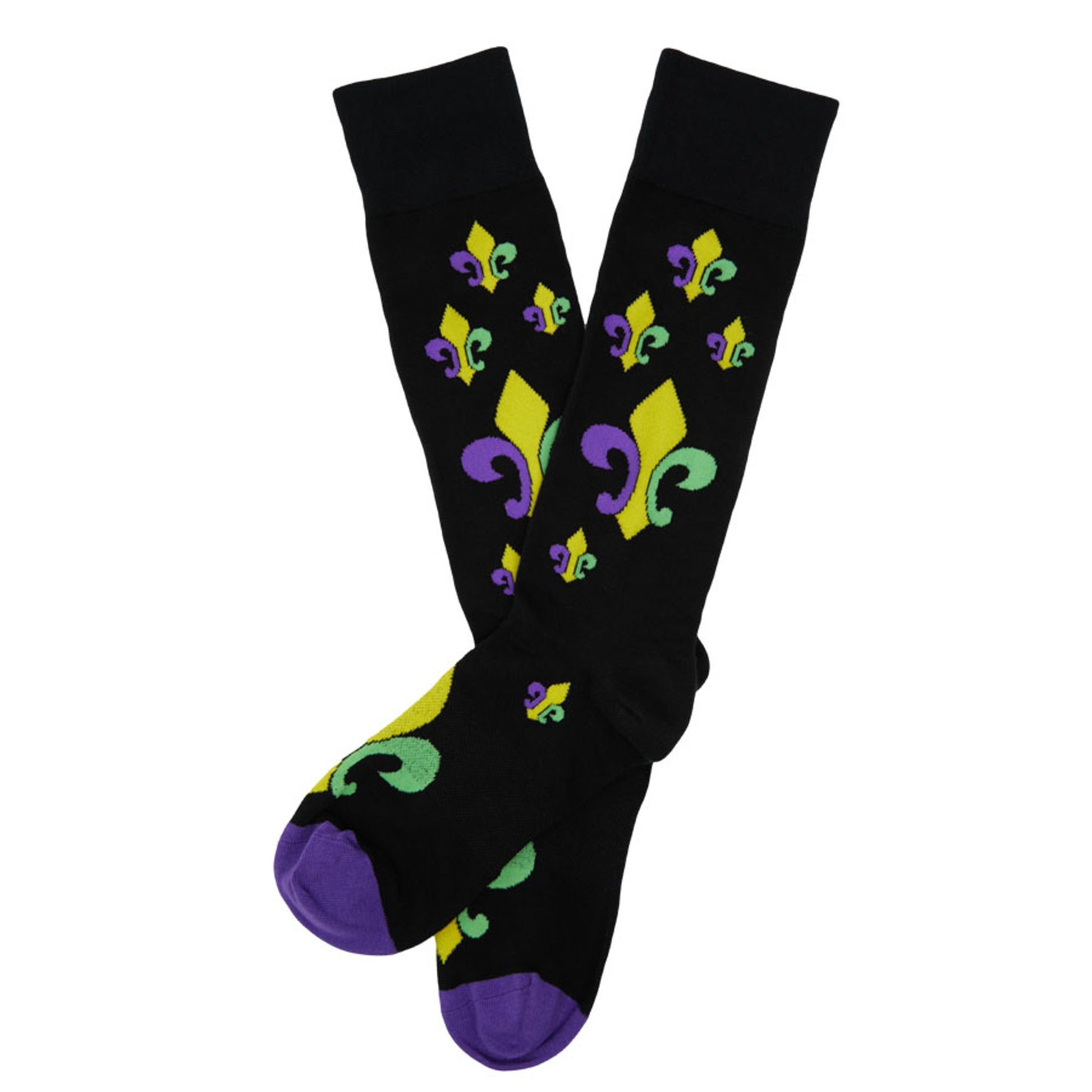 black dress socks with large Fleur de lis designs on laid out flat