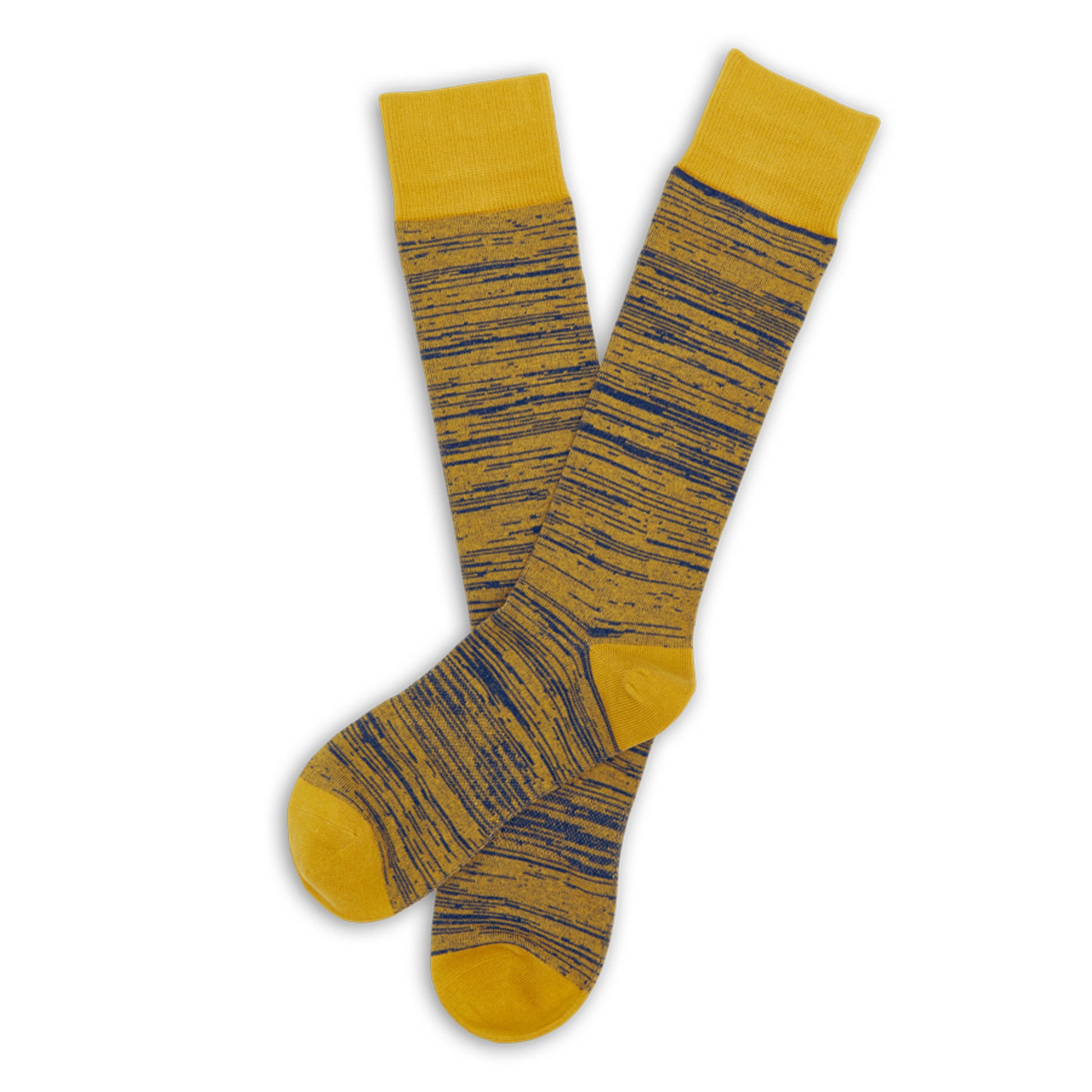 Gold and navy marl team color dress socks laid out flat