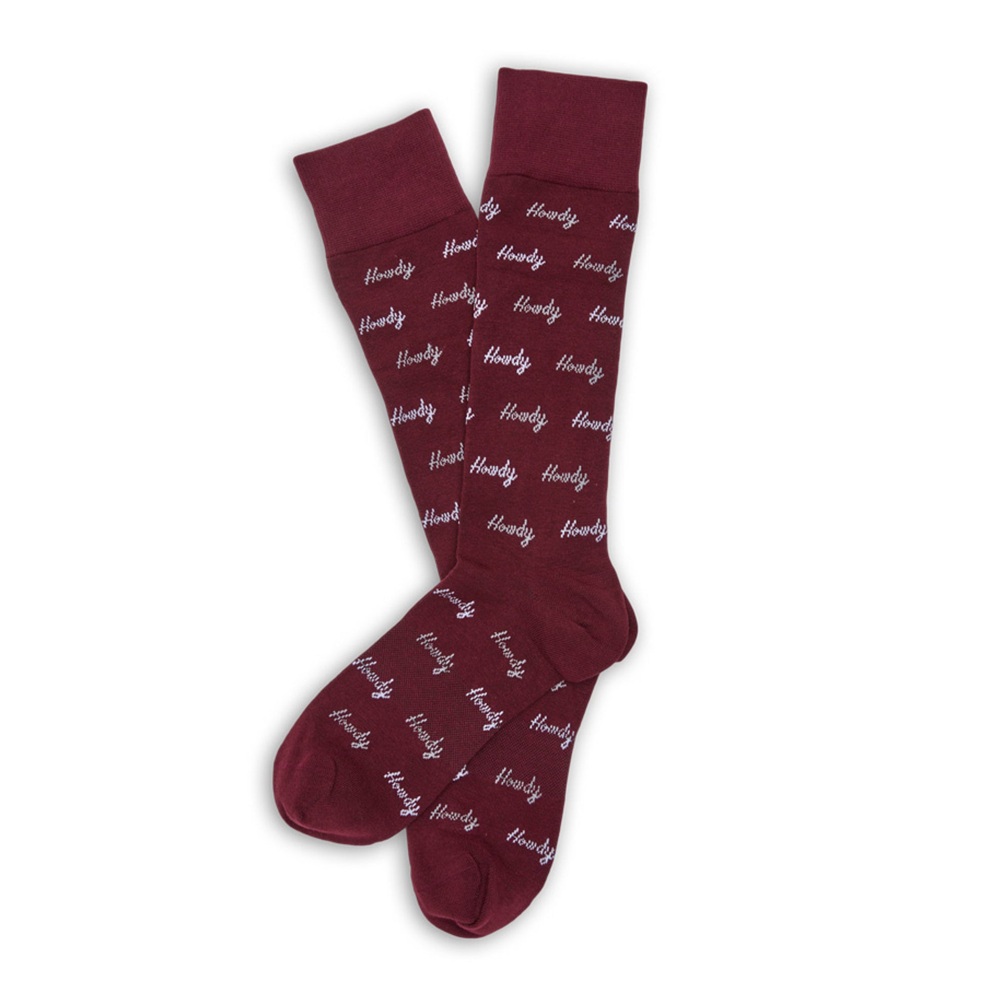 Maroon Howdy Dress Sock with repeating 'Howdy' text pattern and TrueStay technology laid out flat.