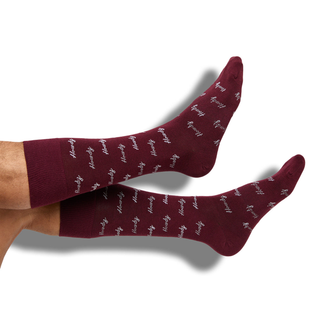 Maroon Howdy Dress Socks with 'Howdy' text in white and grey and TrueStay technology.