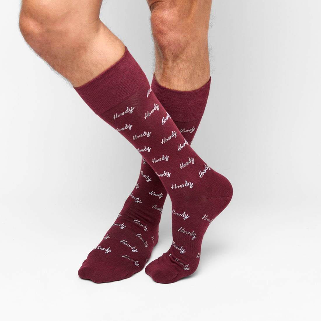 Maroon Howdy Dress Sock with repeating 'Howdy' text pattern and TrueStay technology.