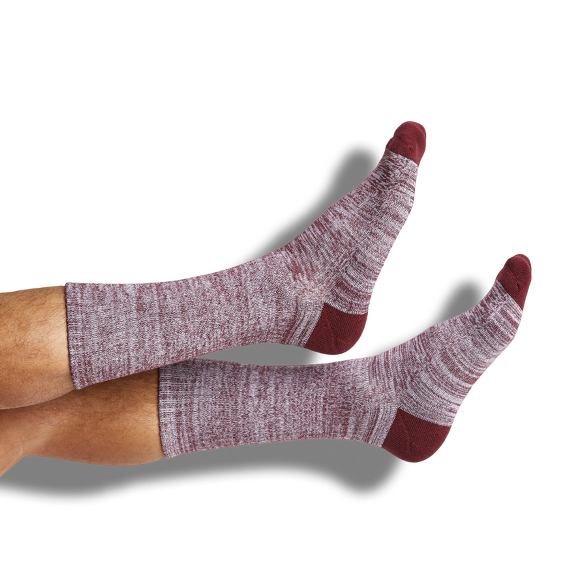 Maroon and grey marl casual socks with cushioned foot shown on legs