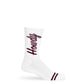 White Howdy Casual Socks with 'Howdy' text going up the leg in maroon. on legs.