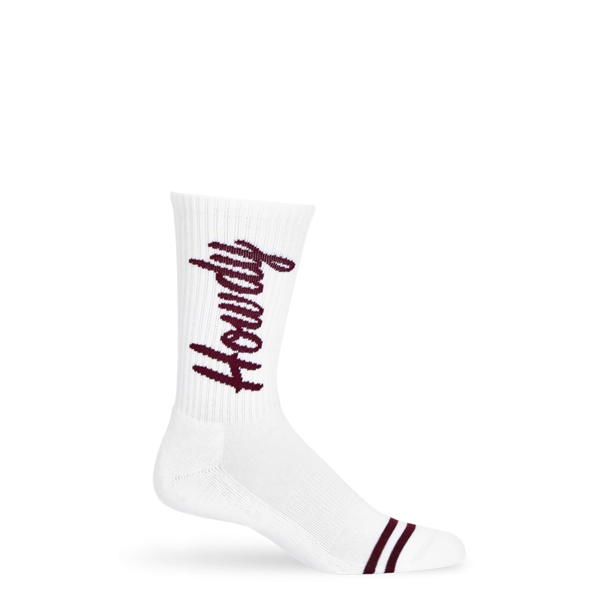 White Howdy Casual Socks with 'Howdy' text going up the leg in maroon. on legs.