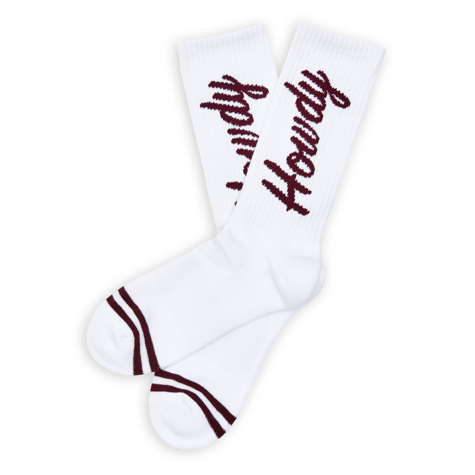 White Howdy Casual Socks with 'Howdy' text going up side of leg laid flat.