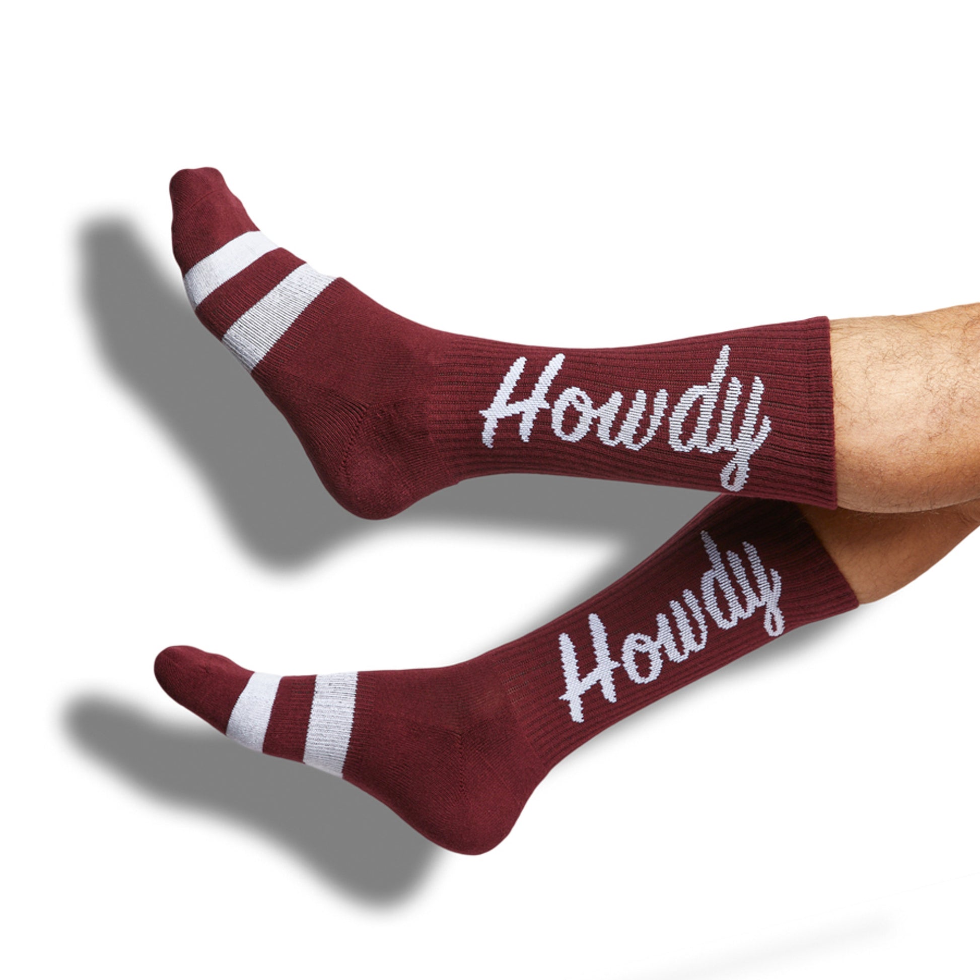 maroon and white casual socks with Howdy
