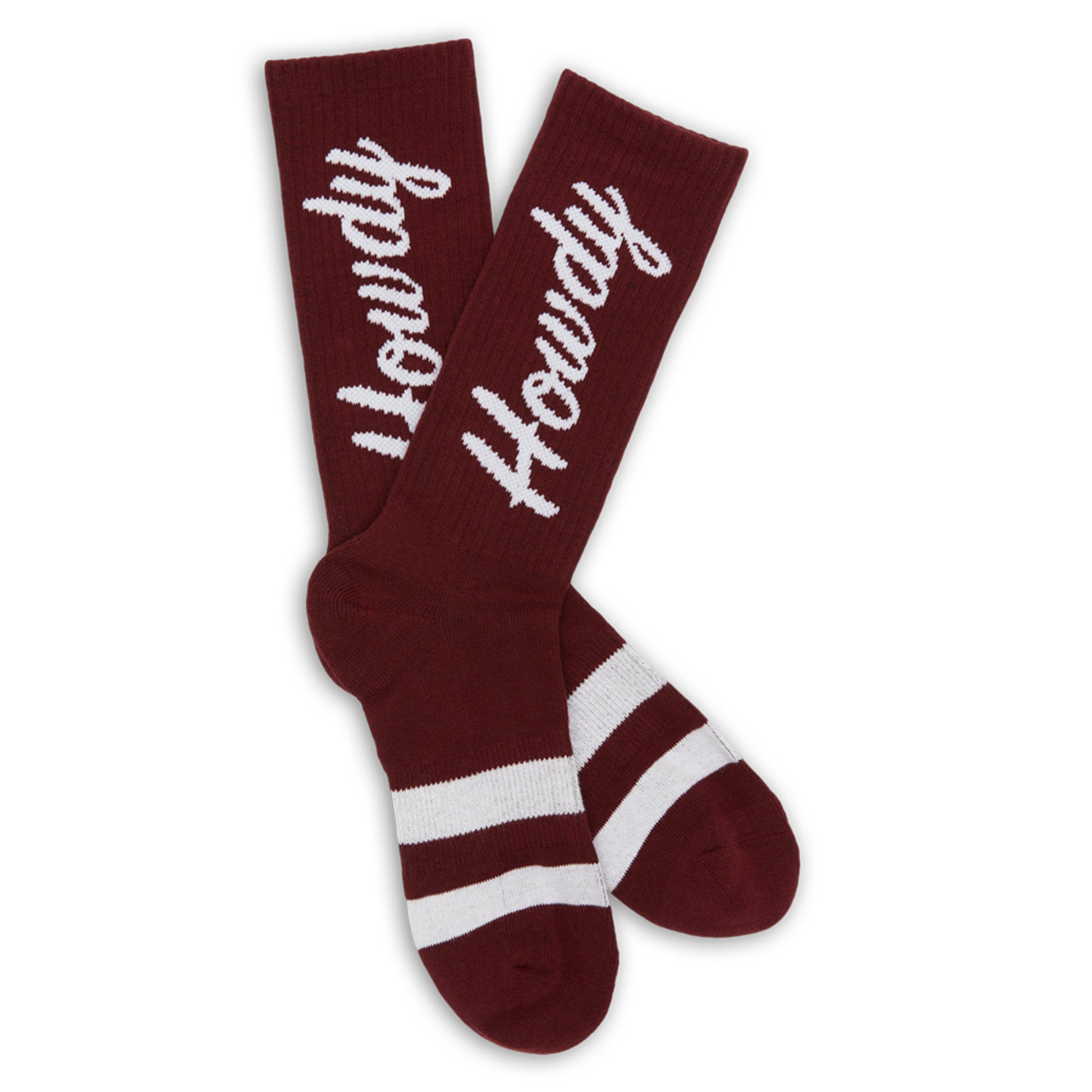 Maroon casual socks with Howdy written in white up the leg flay lay image.