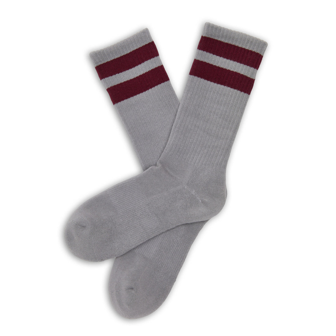 grey casual crew socks with 2 maroon retro stripes on the top of the leg laid out flat