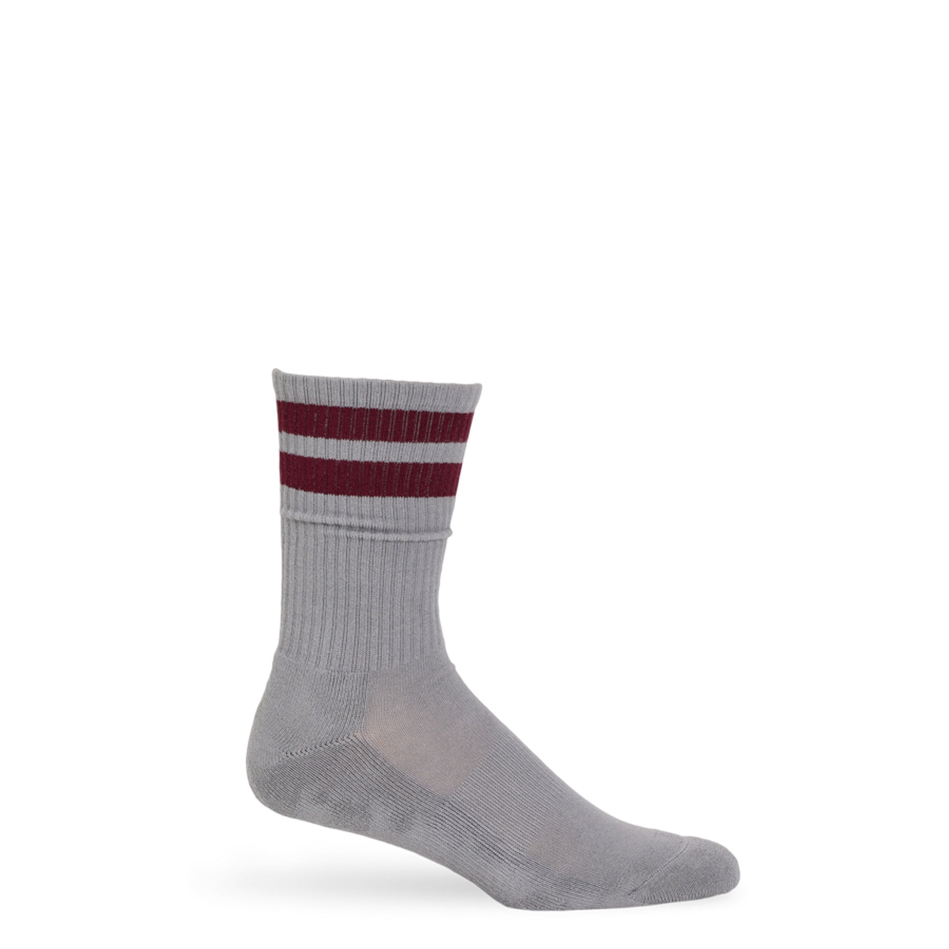 grey casual crew socks with 2 maroon retro stripes on the top of the leg