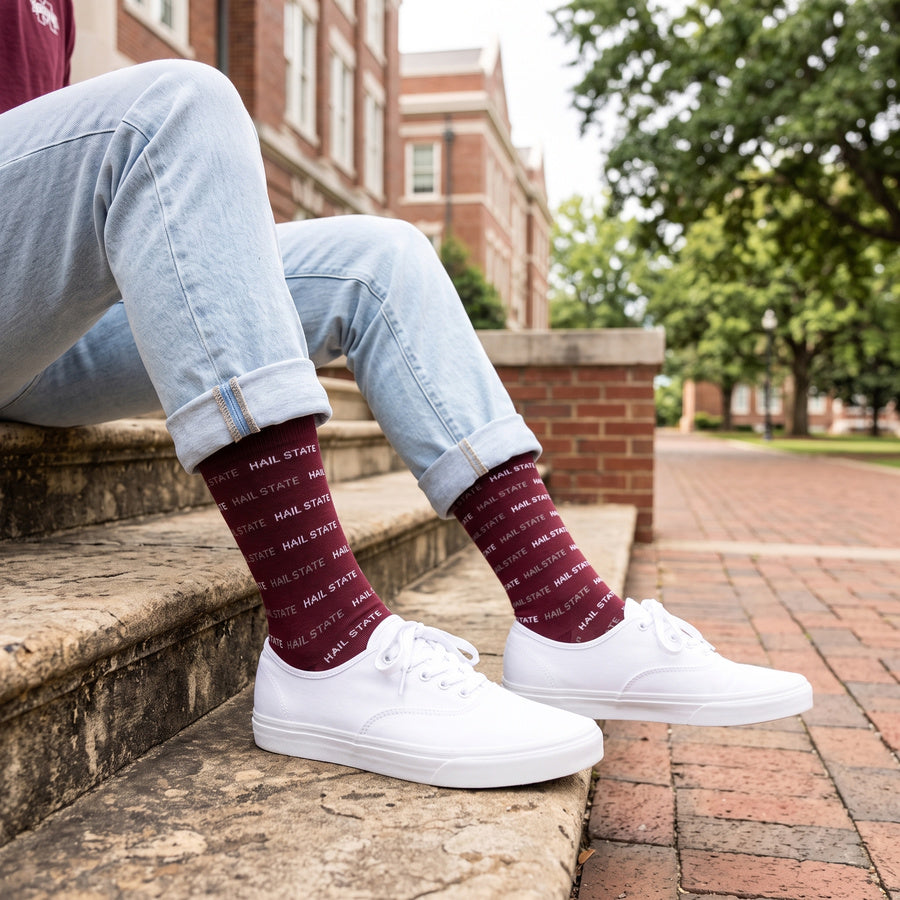 MSU Hail State Dress socks worn seated on campus, showing repeating HAIL STATE text in white and gray on maroon