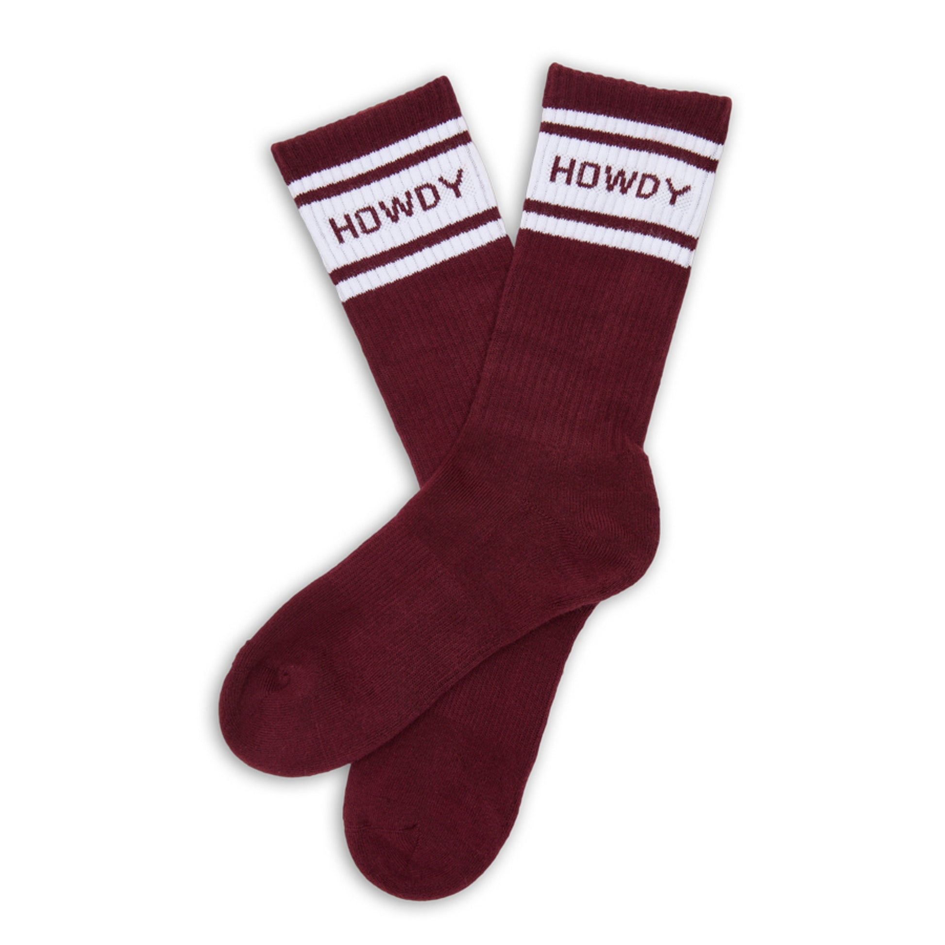 Maroon Casual Crew Socks with white retro stripes and ' Howdy ' text on the leg laid out flat.