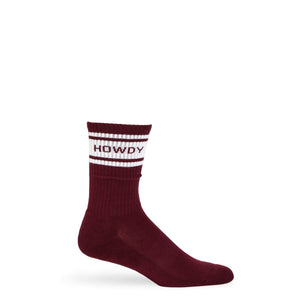 Maroon Retro Howdy Casual Crew Socks with vintage Howdy design on a mannequin