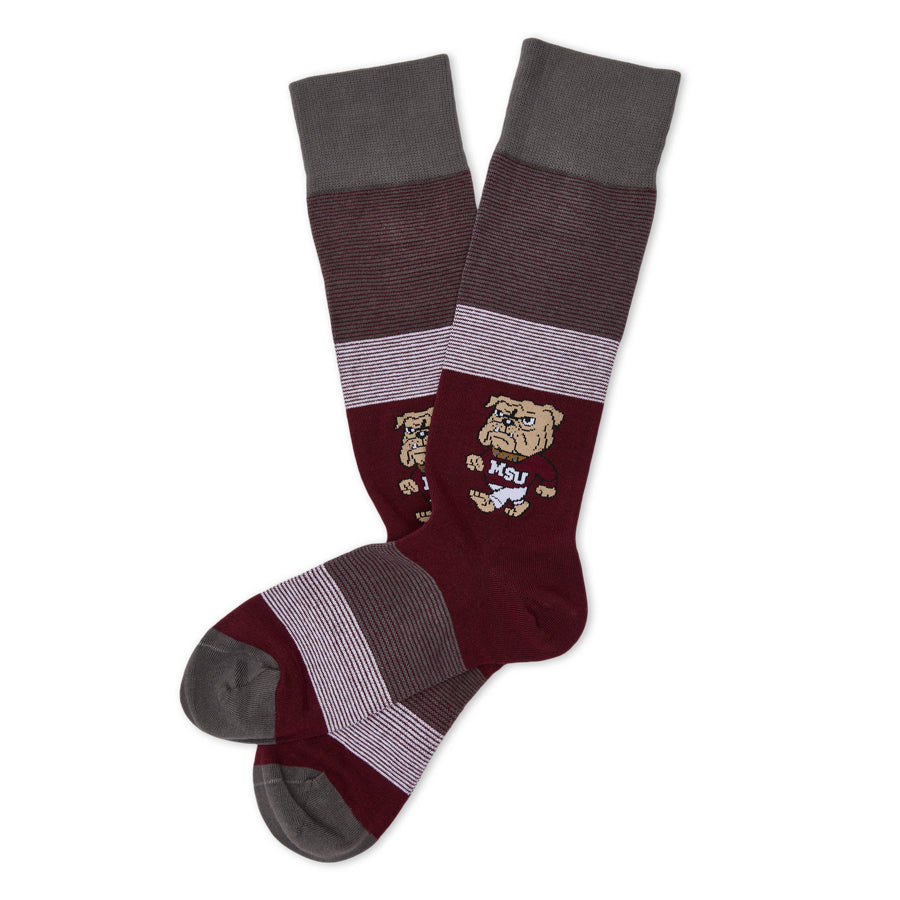 MSU Bulldawg Dress socks laid flat, showing the Bulldog mascot on maroon with gray colorblocking