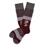 MSU Bulldawg Dress socks laid flat, showing the Bulldog mascot on maroon with gray colorblocking